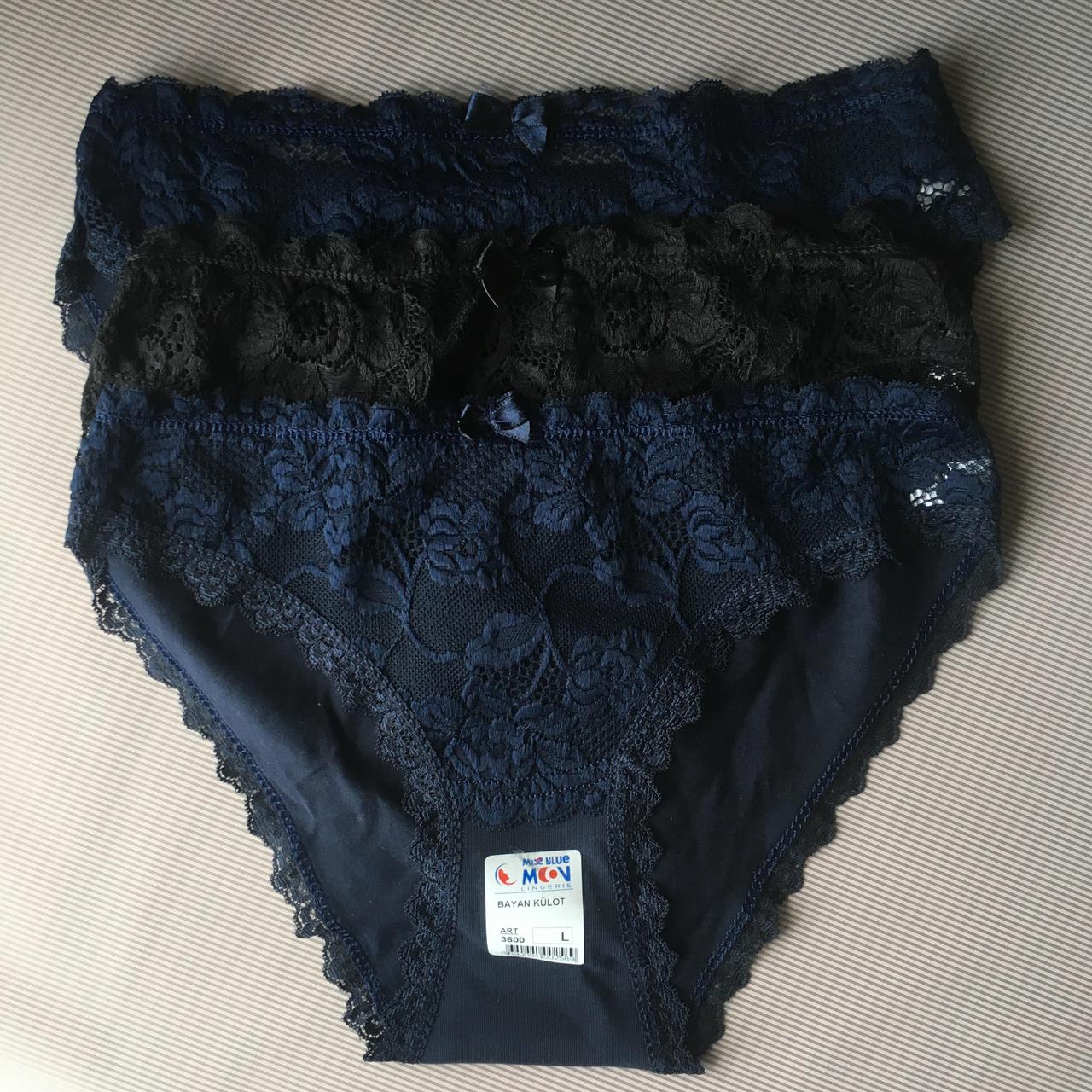 Трусики сліпи (комплект 3 шт) з бавовни і мережива Miss blue moon синій/чорний розмір S, фото 1