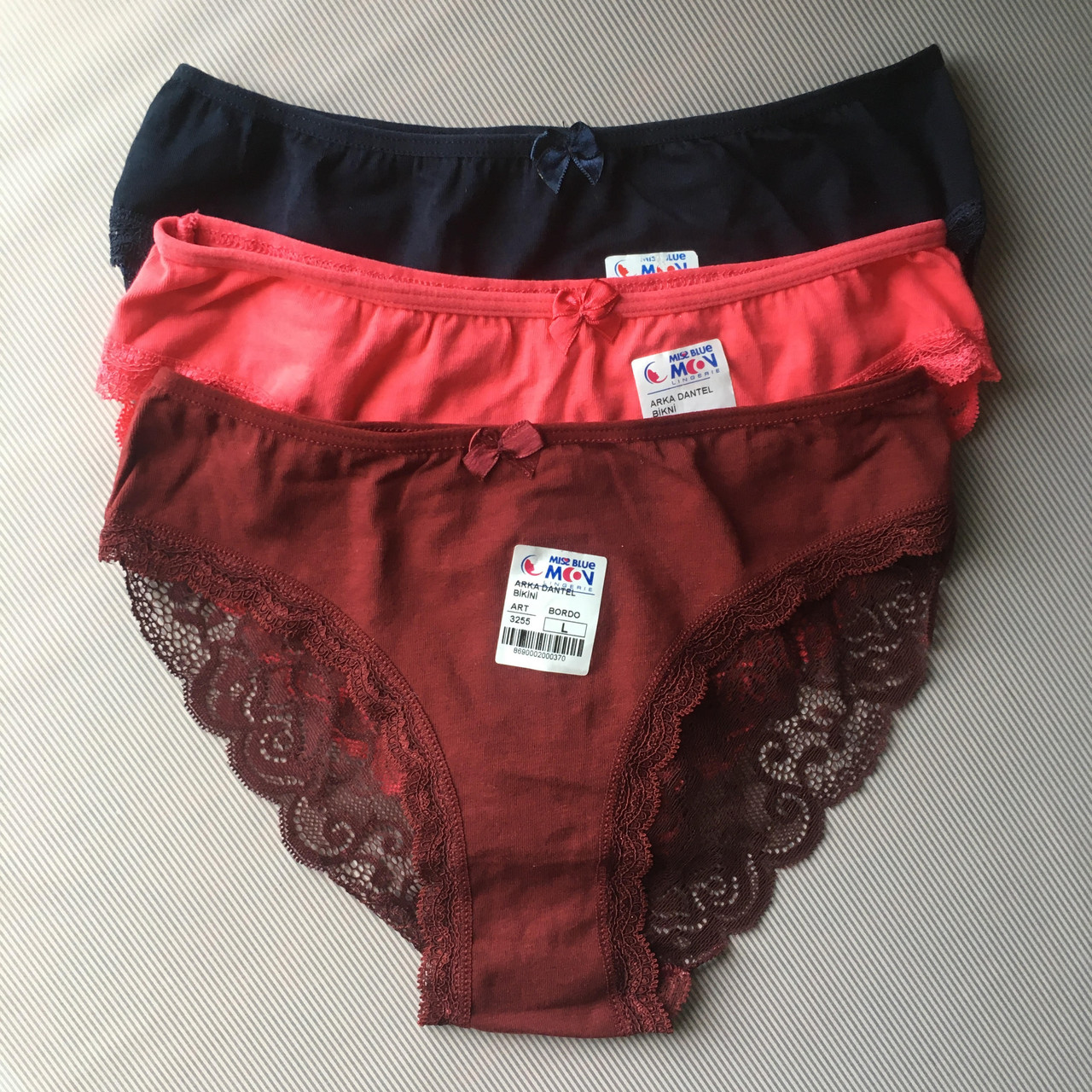 Трусики бразиліани (комплект 3 шт) з бавовни і мережива Miss blue moon синій/рожевий/бордо розмір S, фото 1