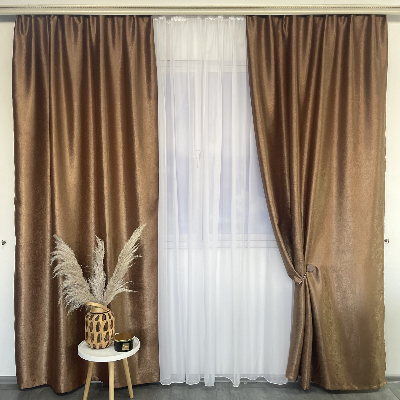 Штори софт-велюр блекаут горіхові з білим шифоновим тюлем ALBO (SHTN-250-10), фото 1