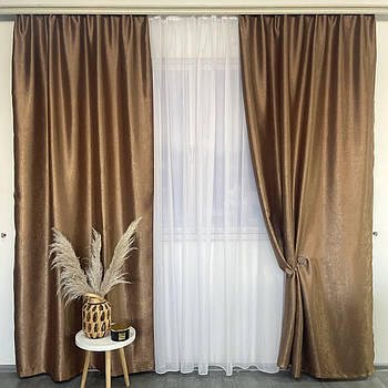 Штори софт-велюр блекаут горіхові з білим шифоновим тюлем ALBO (SHTN-250-10)
