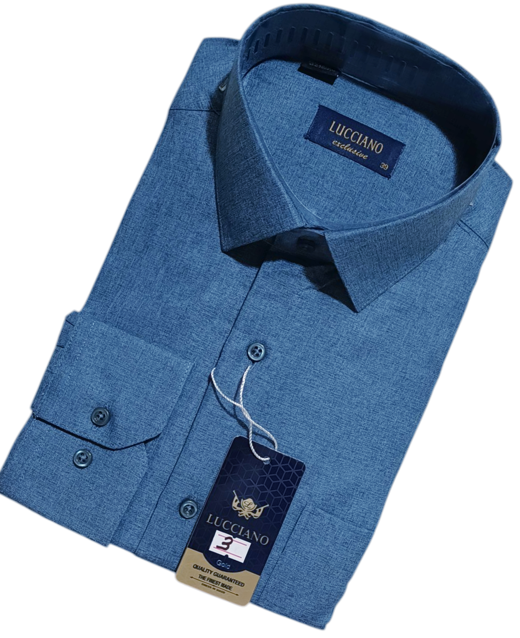 Класична однотонна чоловіча сорочка Lucciano vd-0003 синя з довгим рукавом, ошатна, стильна