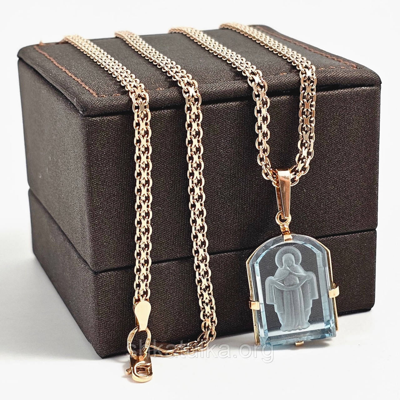 Набір золотий ланцюжок і підвіска з богородицею з топазу, фото 1