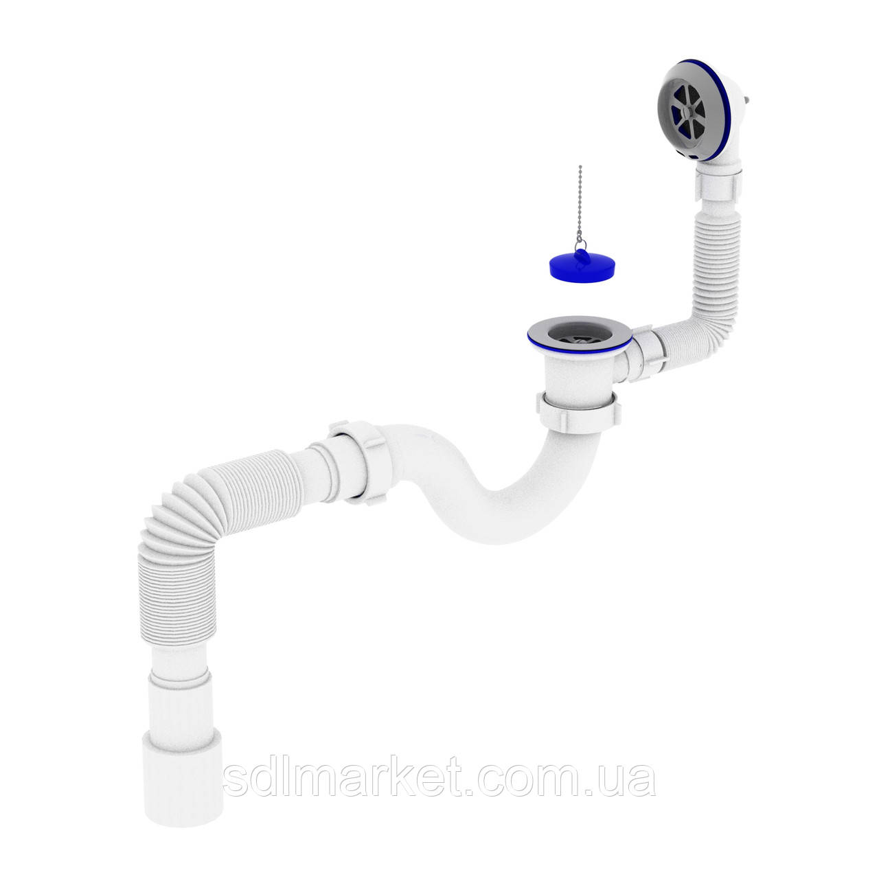 Сифон OPTIMUM для ванни прямоточний з випуском 1 1/2|, перел та гофротрубою 40*40/50 OPTI-26133