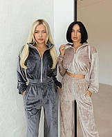 Велюровий костюм жіночий кофта укорочена на блискавці та штани прямого крою 42-44 46-48 50-52