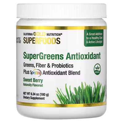 Антиоксиданти суперзелень California Gold Nutrition SuperGreens Antioxidant 171 г (полуничний лимонад)