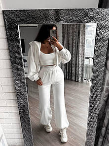 Жіночий спортивний молочно-білий костюм з капюшоном