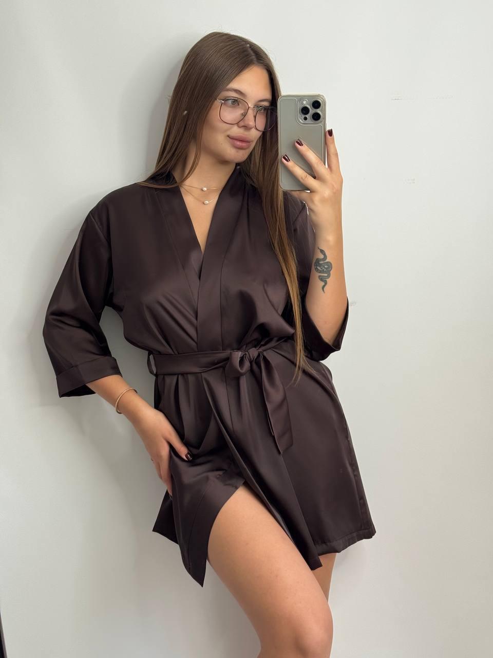 Халат жіночий ШОВКОВИЙ ТЕМНИЙ ШОКОЛАЖ БРАУНІ 074/22, фото 1