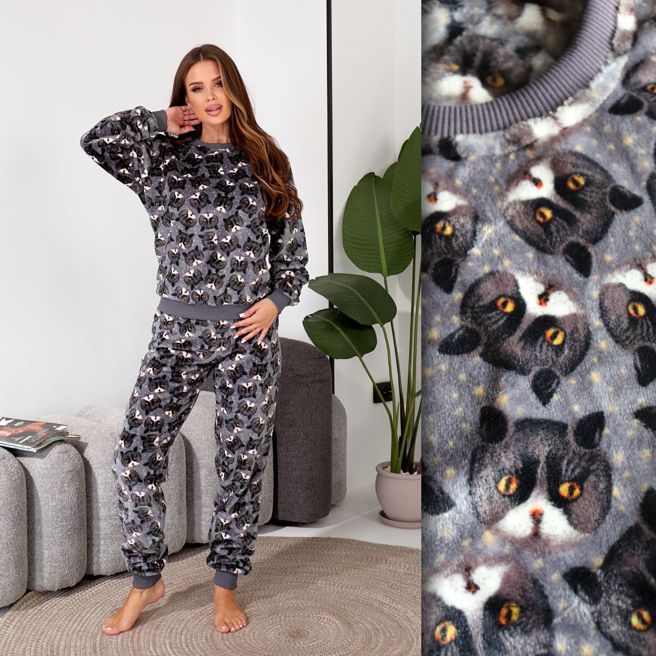 Жіноча тепла плюшева піжама (р.42-44,44-46,48-50,52-54,56-60) Коти та котики, фото 1