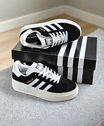 Кросівки жіночі Adidas Gazelle Bold Platform Black White Адідас Газель чорно-білі платформа висока підошва замшеві