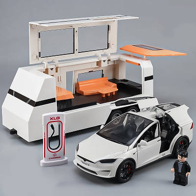 Інерційна машинка Тесла Х зі складним причепом 1:24 Іграшковий будинок на колесах трейлер світло мелодії та фігурка