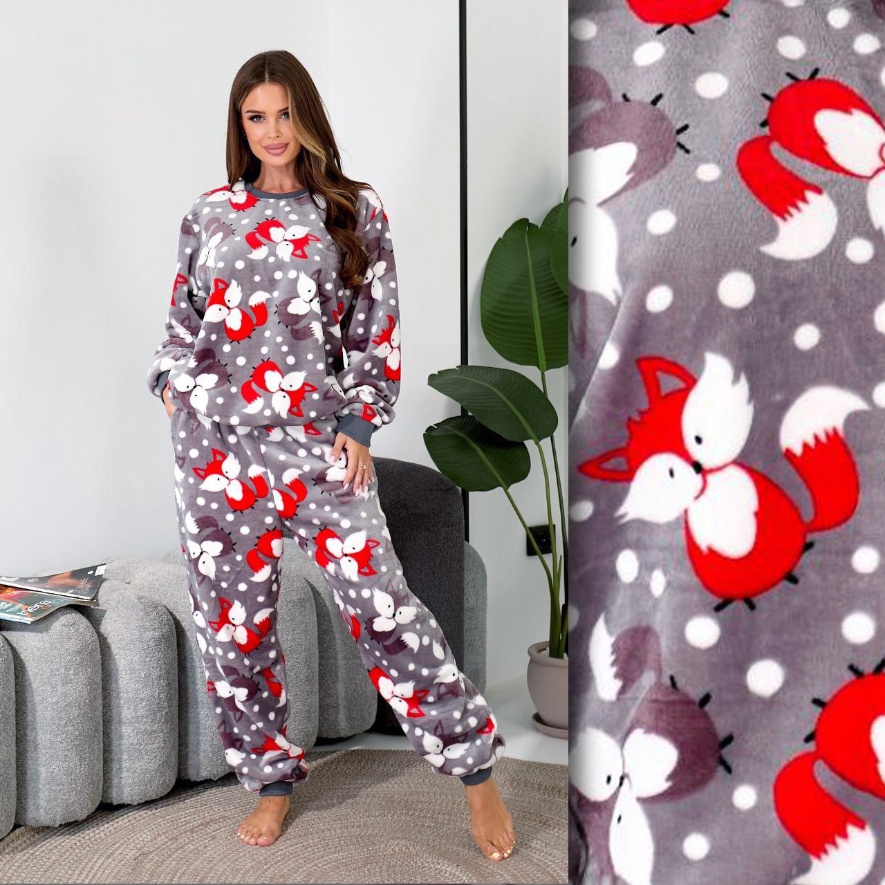 Жіноча тепла плюшева піжама (р.42-44,44-46,48-50,52-54,56-60) Лисички, фото 1