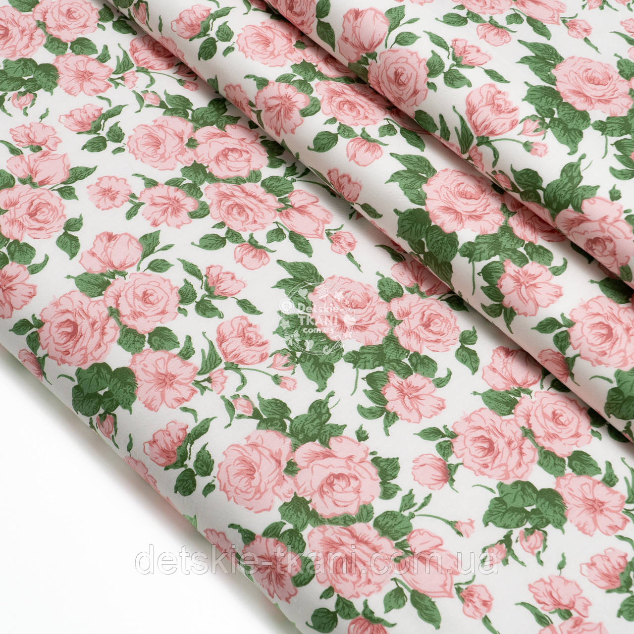 Сатин "Нові еустоми з насичено-зеленим листям на білому тлі", №5727с, фото 1