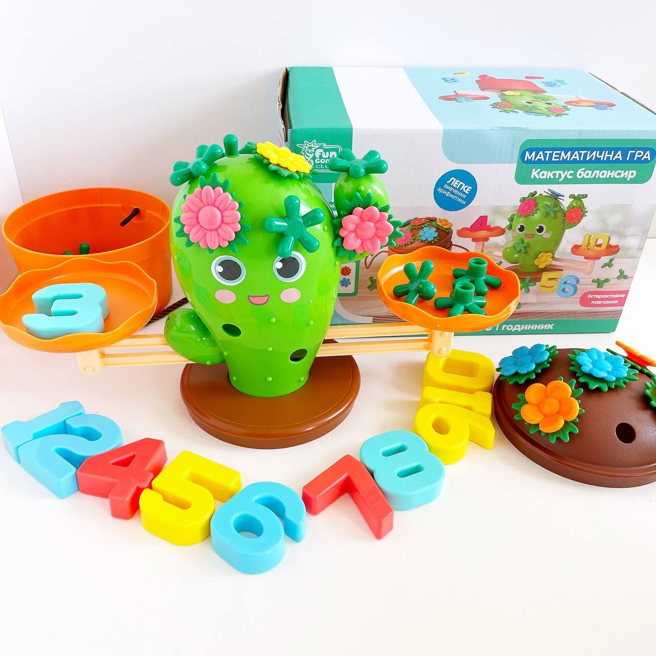 Розвивальний набір балансир 3 в 1 для дітей наліпки Дерев’яна іграшка кактус для навчання часу та лічбі для моторики логіки, фото 1