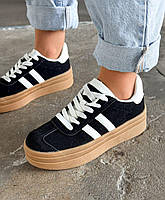 Жіночі кеди на широкій підошві молодіжніі чорні натуральна замша