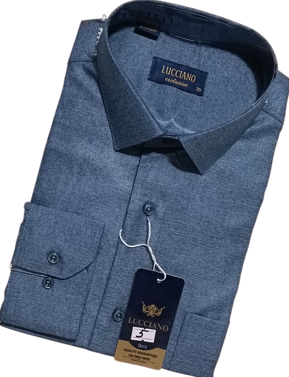 Класична однотонна чоловіча сорочка Lucciano vd-0005 синя з довгим рукавом, ошатна, стильна