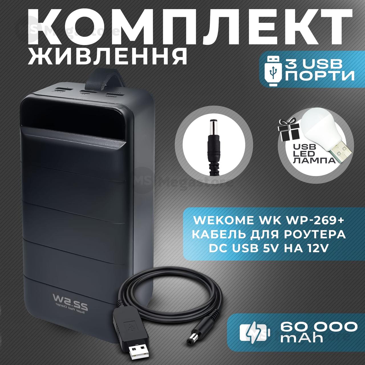 Комплект повербанк для роутеру Wekome WK WP-269 60000 mAh + юсб кабель для вай фай роутера 12В, фото 1