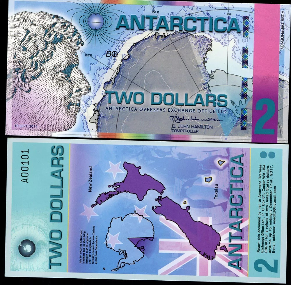 Комплект сувенірна колекційна банкнота Два мініктарктики 2008г (Antarctica Two Dollars)., фото 1