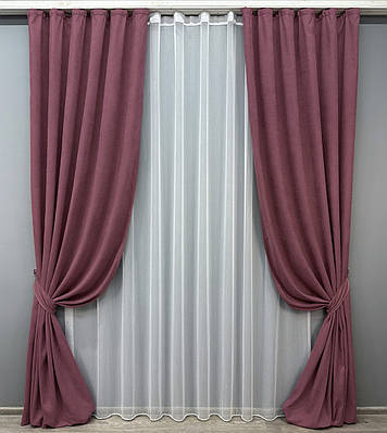 Комплект (2шт 1x2,7м + 3х2,7м) штор мікровелюр "Petek" з тюлем, колір пурпурний з білим (1490ш-1153т) 71-034/1