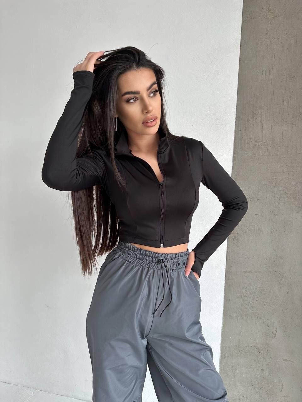 Жіночий базовий лонгслів осінній лонг з блискавкою обтягуючий кроп топ довгий рукав кофта дайвінг, фото 1