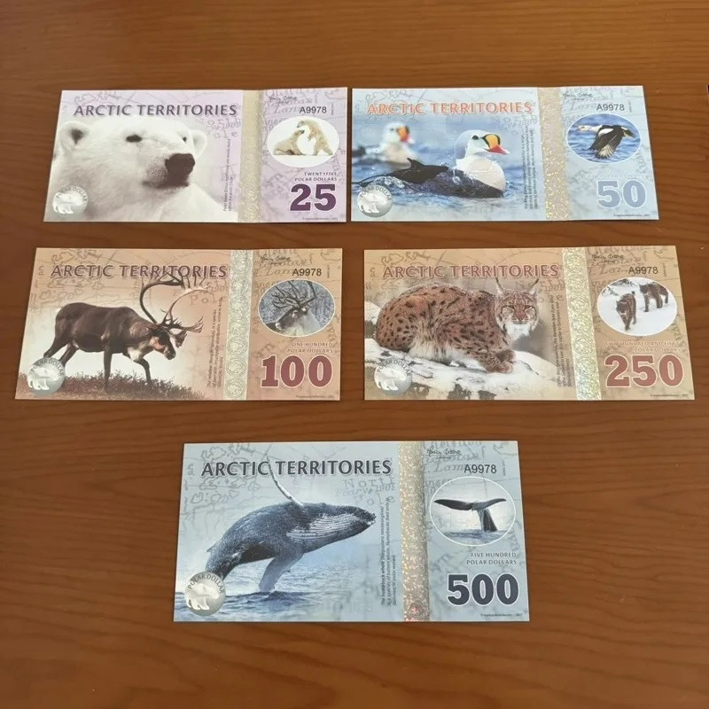 Сувенірна колекційна банкнота набір "Полярні доларів Арктичних територій" номіналом 25-500 (5 шт.), фото 1