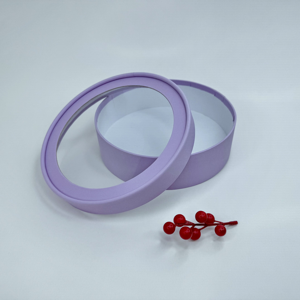 Кругла коробка для зефіру, Ø22*6 см, з вікном, лаванда, ПРЕМІУМ, фото 1