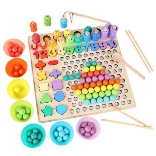 Логічна дошка дерев`яна (кілочки, магнітна риболовля, кульки, цифри, 3 картки, аксесуари для гри), фото 1
