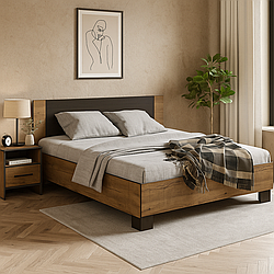 Двоспальне ліжко 160х200 з твердим узголів'ям у сучасному стилі в спальню Вероніка Мебель Сервіс дуб апріл
