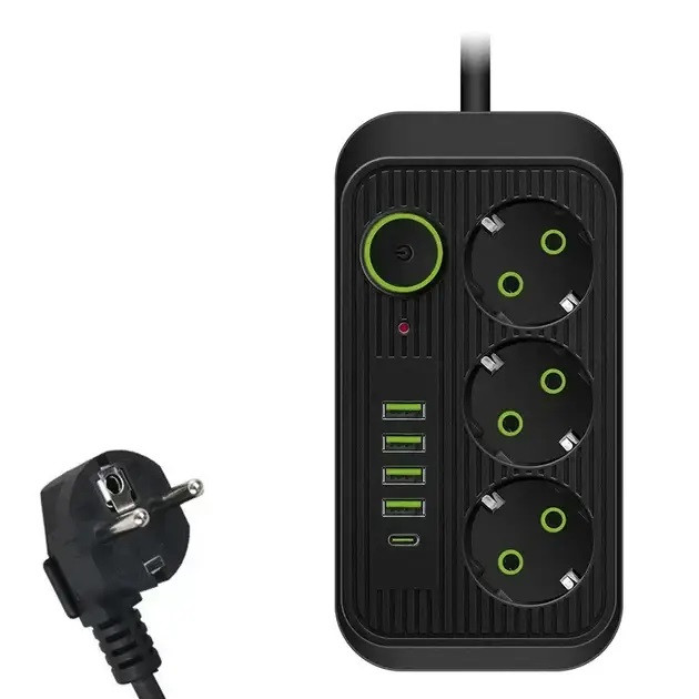 Мережевий фільтр 2 метри 3 розетки + 4 USB+Type-C чорний (LS-B7F09U)