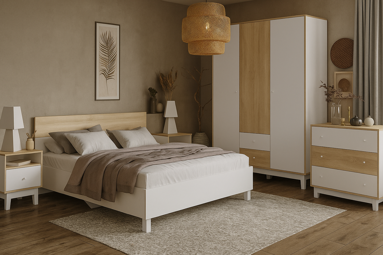 Комплект світлих модульних меблів з ДСП для спальні Глорія з ліжком шафою тумбами комодом та дзеркалом дуб сонома/білий, фото 1