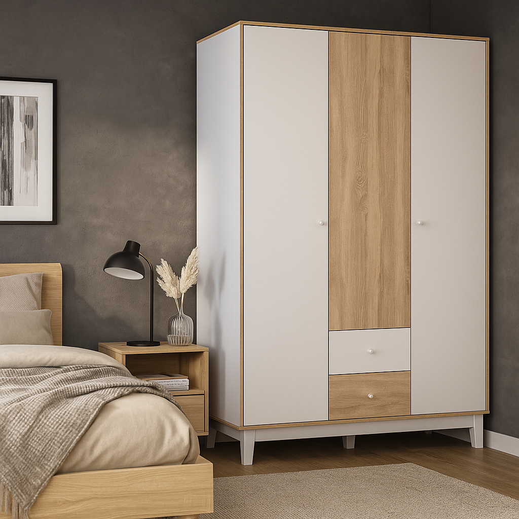 Сучасна розпашна шафа тридверна на ніжках 150 см модерн у спальню білий дуб сонома Глорія Мебель Сервіс