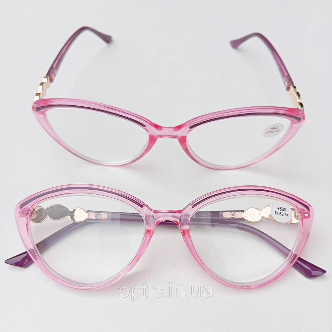 Окуляри жіночі з діоптріями плюс для корекції зору з полімерною лінзою лисички котяче око рожеві, фото 1