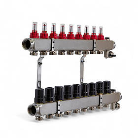 501209 Колектор на 9 конт., з витратомірами, краном Маєвськ. та зливним, нерж.сталь Tervix Pro Line