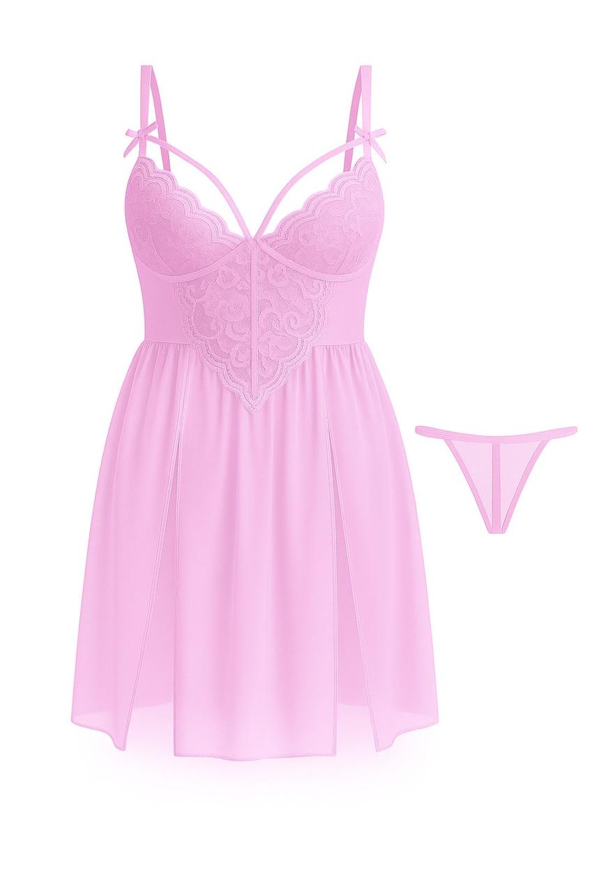 Нічна сорочка Noble Litthing комплект з трусиками сітка рожево-бузковий, фото 1