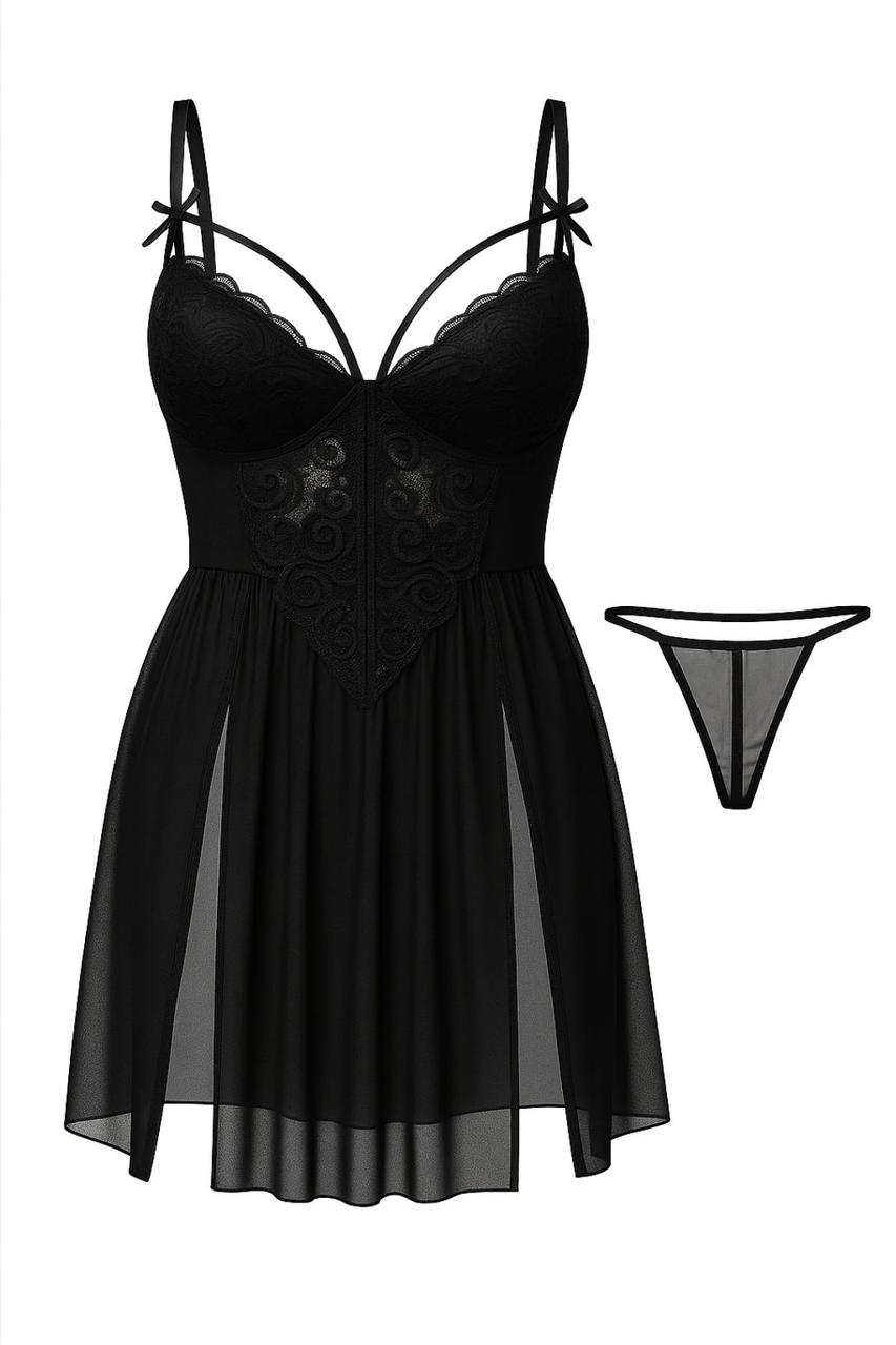 Нічна сорочка Noble Litthing комплект з трусиками сітка чорний, фото 1