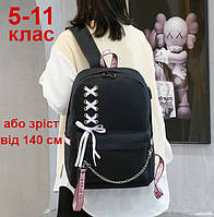 Шкільний рюкзак для дівчинки 45*32 см чорний водонепроникний з бантом і USB для дівчат підлітків у школу 5-11 клас і студентів