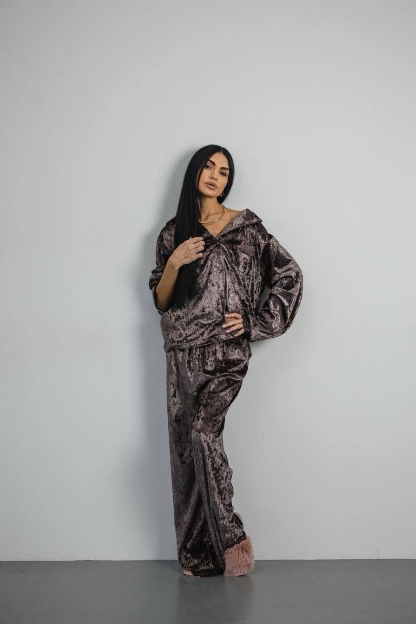 Жіноча піжама велюр із мереживом «Vella» — комплект із брюками для сну та дому, фото 1