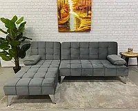 Кутовий модульний диван-ліжко з шезлонгом SLEPPY VERS, сірий велюр, трансформація, 3-місний (198 x 146 x 75 см)