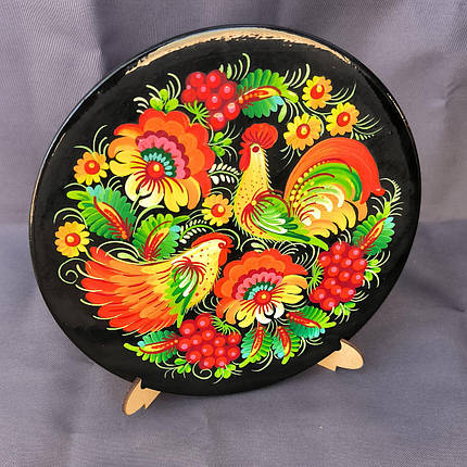 Тарілка 20 см у подарунковій коробці "Два півні" з авторським петриківським розписом, фото 1
