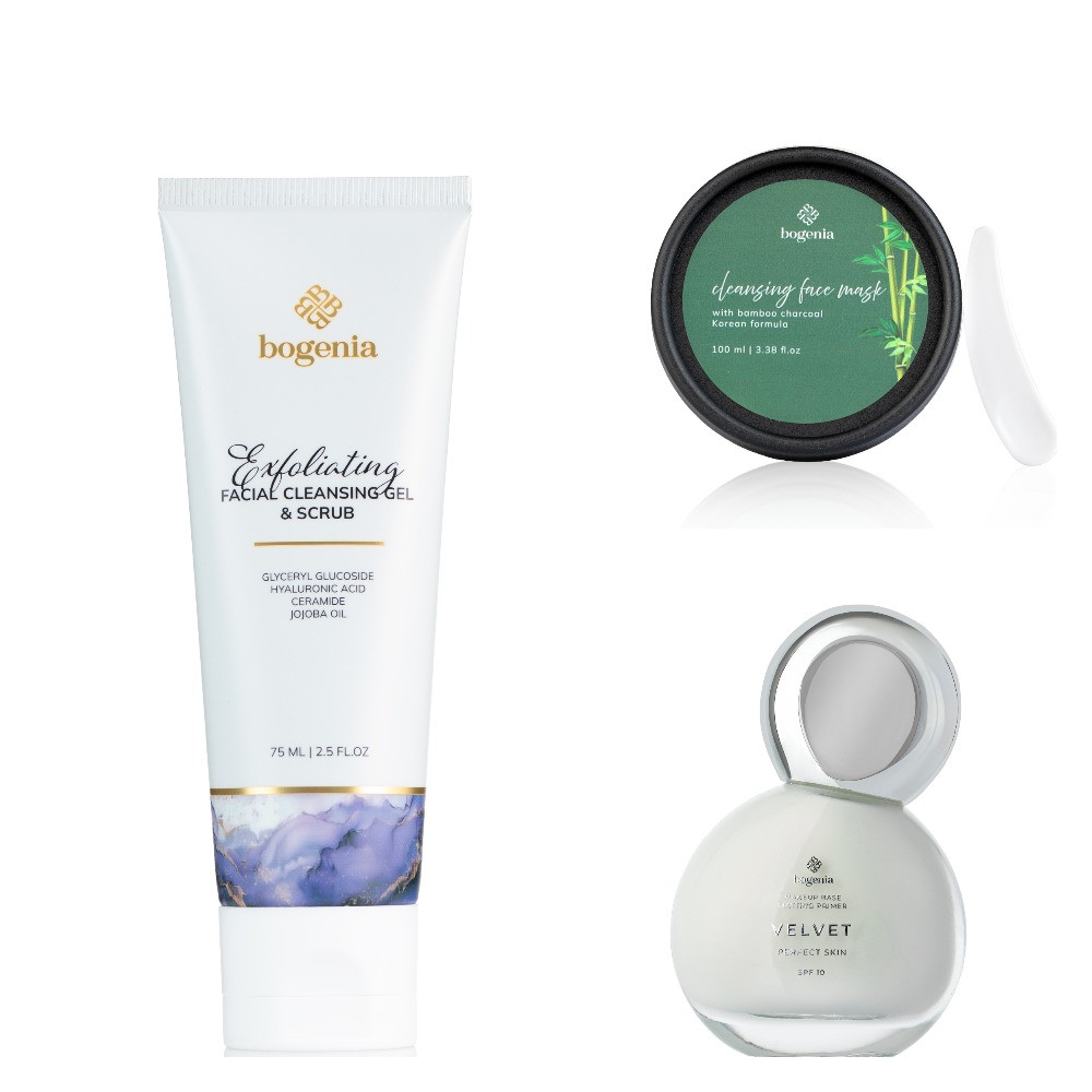 Набір Bogenia: гель-скраб для обличчя, очищуюча маска, матуюча база під макіяж, фото 1