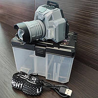 Ліхтар налобний HX-915-P50+2SMD(White)+2SMD(Red), 2x18650, power bank, ype-C, zoom