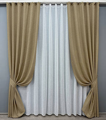 Комплект (2шт 1x2,7м + 3х2,7м) штор з тюлем "Льон Мішковина", колір капучино з білим (673ш-115т) 71-035/1