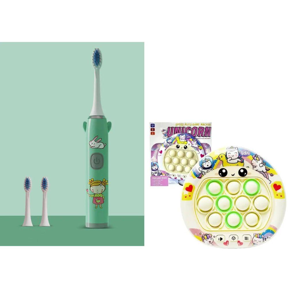 Дитяча электрична зубна щітка на батарейке Smart Kids (3 насадки) Зелена + електронний поп іт єдиноріг, фото 1