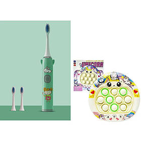 Дитяча электрична зубна щітка на батарейке Smart Kids (3 насадки) Зелена + електронний поп іт єдиноріг