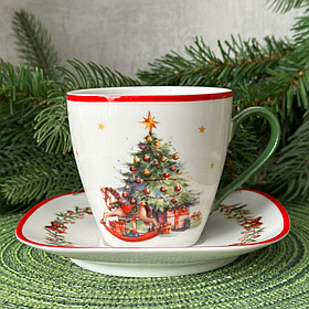 Чашка порцелянова з квадратним блюдцем «Різдвяна ялинка» 220мл в подарунковій упаковці