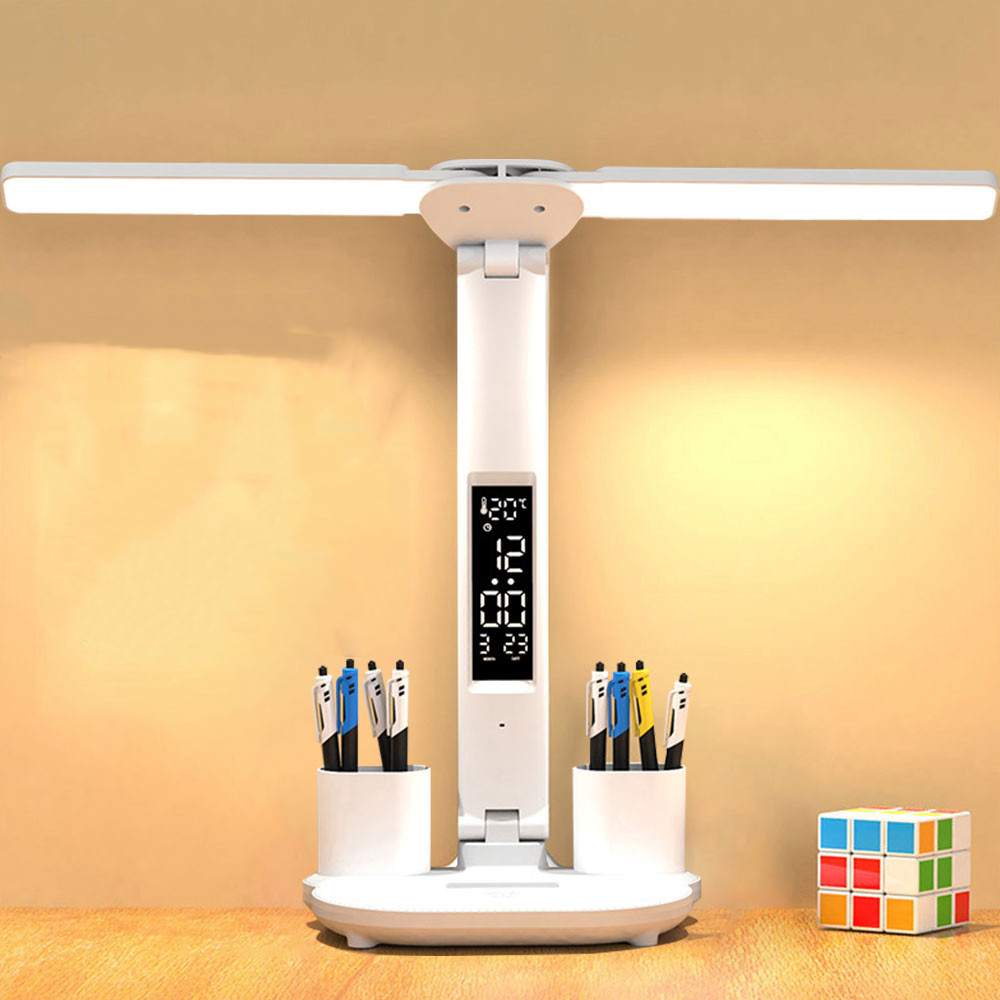 Настільна лампа LED світлодіодна акумуляторна подвійна з органайзером і годинником Біла, фото 1