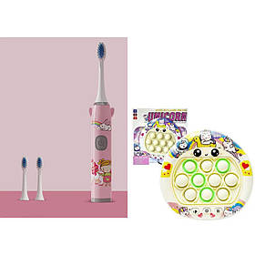 Дитяча электрична зубна щітка на батарейке Smart Kids (3 насадки) Рожева + електронний поп іт єдиноріг