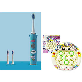 Дитяча электрична зубна щітка на батарейке Smart Kids (3 насадки) Блакитна + електронний поп іт єдиноріг