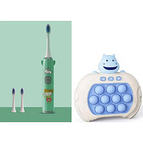 Дитяча электрична зубна щітка на батарейке Smart Kids (3 насадки) Зелена + електронний поп іт бегемотик