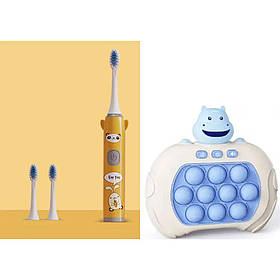 Дитяча электрична зубна щітка на батарейке Smart Kids (3 насадки) Жовта + електронний поп іт бегемотик