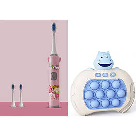 Дитяча электрична зубна щітка на батарейке Smart Kids (3 насадки) Рожева + електронний поп іт бегемотик